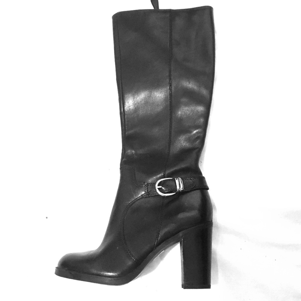 Franco Sarto Black Leather Knee-High Block Heel Boots with Buckle